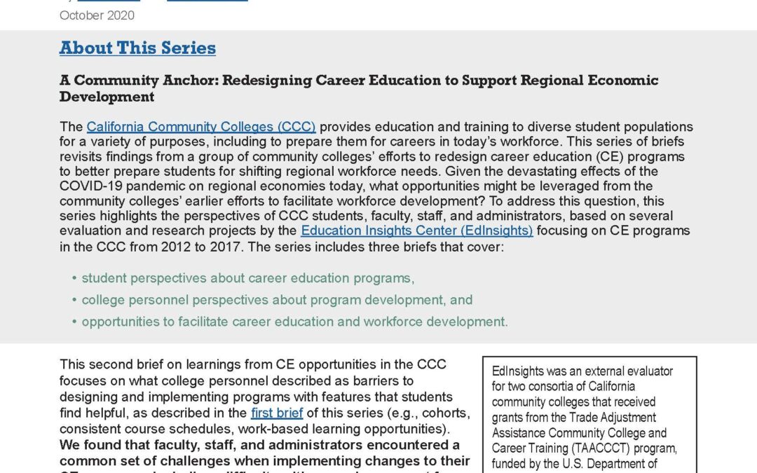 A Community Anchor: College Personnel Perspectives about Developing and Implementing Career Education Programs