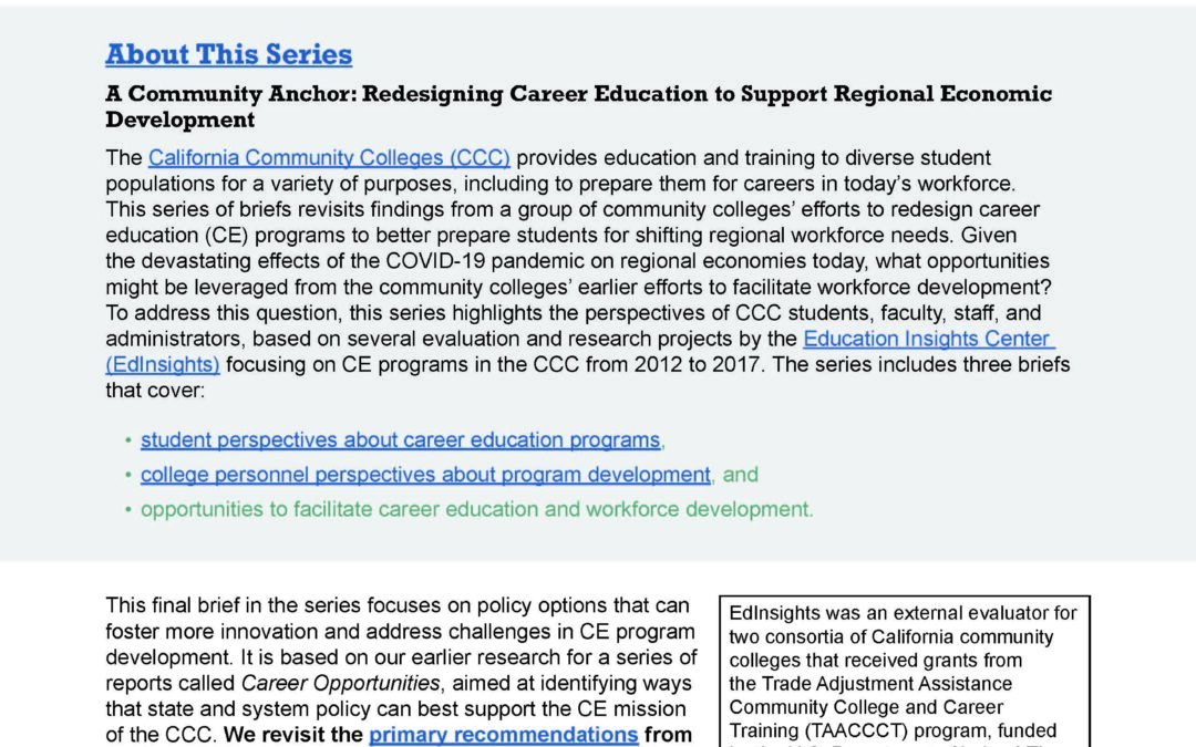 A Community Anchor: A Review of Career Education Policy Barriers and Solutions